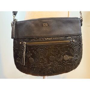 The Sak Black Leather Embossed Crossbody Hobo Blue Lining VGUC Boho Minimalist